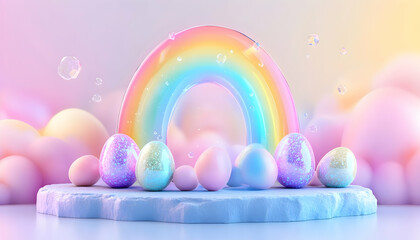 Easter eggs arranged under rainbow arch on platform, pastel dreamy background