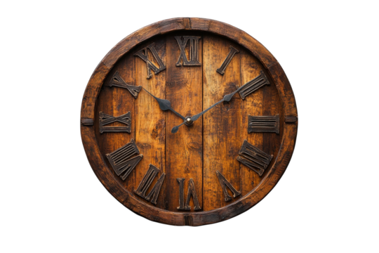 Wooden wall clock displays classic Roman numerals and rustic design in a warm, inviting atmosphere suited for any interior decor setting