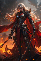 Fototapeta premium a powerful female warrior in elaborate armor, wielding two swords. She stands in a dramatic, fiery landscape, surrounded by intense flames and smoke, creating a sense of intense acti