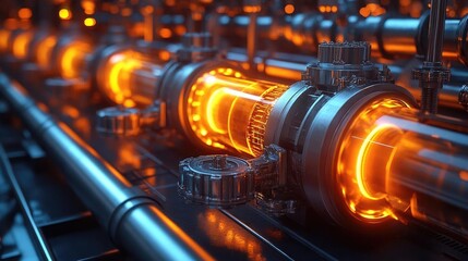 Fototapeta premium Close-up of glowing industrial machinery with intricate pipes and glowing components in a factory setting