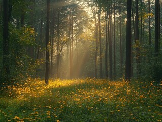 Obraz premium Serene forest landscape with golden sunlight filtering through trees and flowers