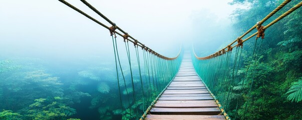 Fototapeta premium A serene suspension bridge stretches across a misty forest, inviting onlookers to explore the tranquil beauty of nature.