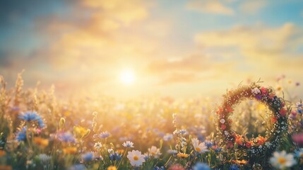 **Midsummer Festival Dreamscape – A soft and dreamy Scandinavian summer background with wildflowers in a meadow, a floral wreath gently placed in the bottom right corner, warm golden sunlight and blue