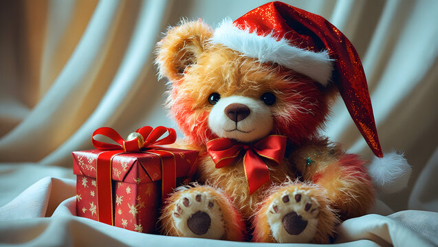 Christmas Teddy Bear in Santa Hat with Wrapped&nbsp; Christmas Gift Box
