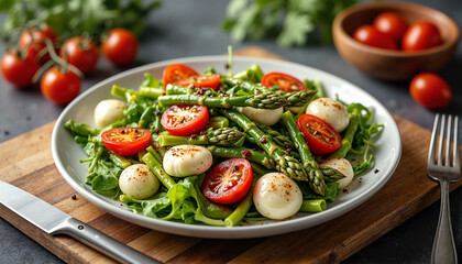 Vibrant asparagus salad with cherry tomatoes in modern kitchen, healthy eating