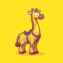Cartoon Giraffe with Saddle, Yellow Background