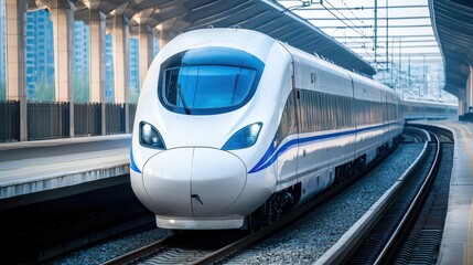 Fototapeta premium Modern High-Speed Train on Elevated Tracks in Urban Environment