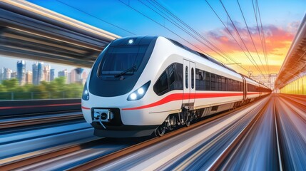 Naklejka premium Modern High-Speed Train Traveling on Elevated Tracks Against a Vibrant Sunset