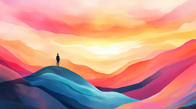 A person standing on a hilltop with a vast, colorful landscape below, symbolizing the limitless possibilities of an abundance mindset. Boundless - Horizon. Illustration