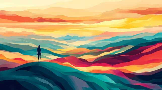 A person standing on a hilltop with a vast, colorful landscape below, symbolizing the limitless possibilities of an abundance mindset. Boundless - Horizon. Illustration