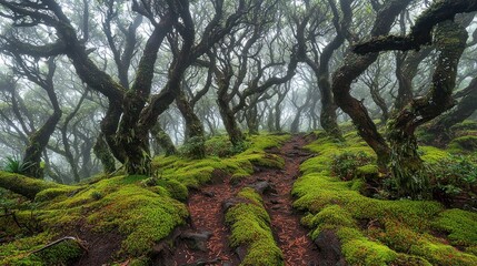 Naklejka premium Misty forest path with moss-covered trees and ground.