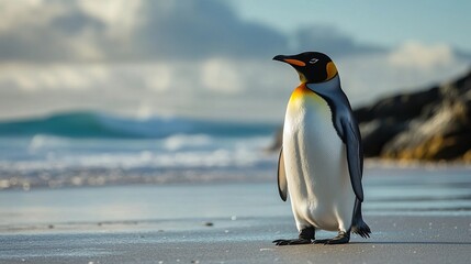 Fototapeta premium Majestic King Penguin on Sandy Beach Ocean Background Wildlife Photography Antarctic Nature Image sea ice sky bird cold snow water royal avian fauna 