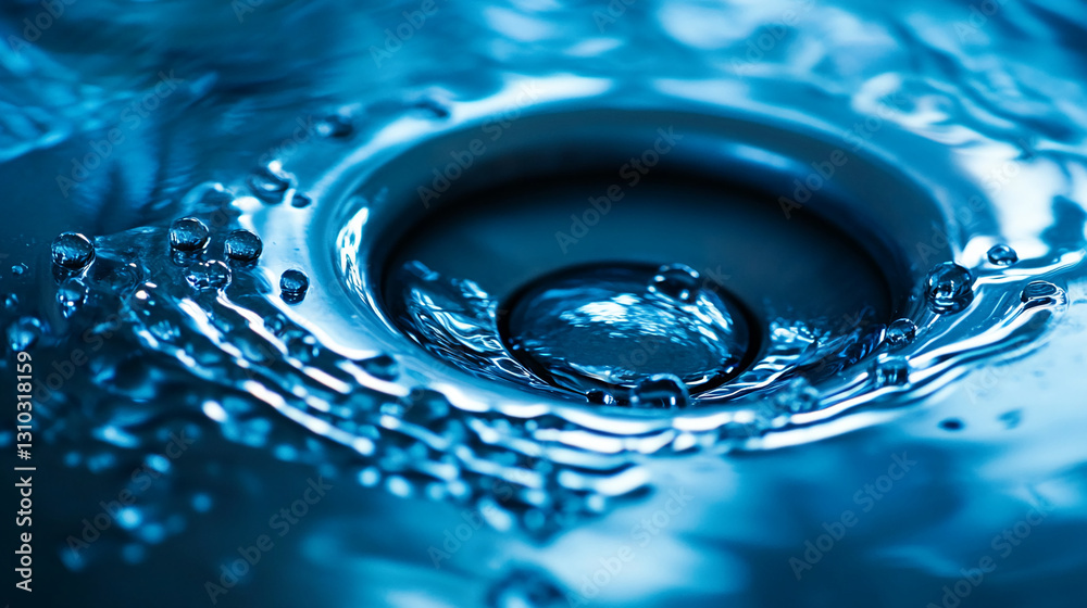 Poster Close-up of blue water swirling into drain, showing ripples and bubbles, creating dynamic and abstract texture, representing flow, movement, and the cycle of nature