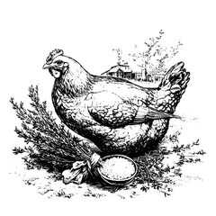 Engraved vector illustration of a plump hen surrounded by herbs and a bowl of salt in a rustic farm setting