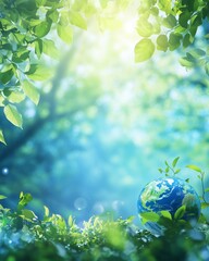 World Environment Day Nature Bliss – A lush blue nature-inspired background with vibrant leaves and sunlight filtering through trees, a small globe with sprouting leaves placed in the lower right corn