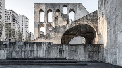 Fototapeta premium Modernist architecture, concrete structure with arches and stairs.