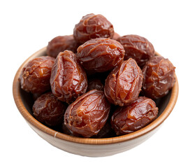 Obraz premium Wooden bowl filled with fresh brown dates isolated on transparent background