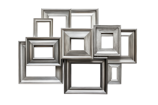 Silver picture frames arranged in an artistic display on a white background for decorative purposes