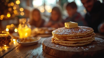 Fluffy pancake with butter and sugar amidst a family breakfast scene