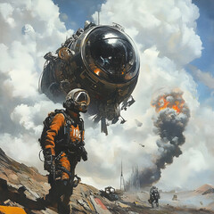 Spacesuit astronaut watches explosion over desolate landscape