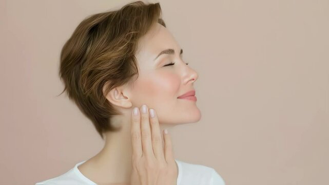 Woman 45 years old face care. She is gently touching her face, expressing relaxation and contentment. The simple backdrop enhances her calm demeanor, reflecting a moment of self-care.