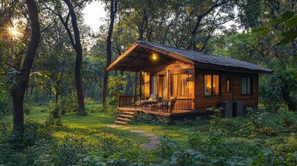 Sunset illuminates a cozy wooden cabin nestled in a lush green forest.