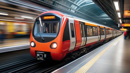 Naklejka premium A moving train at a station with people walking on the platform.