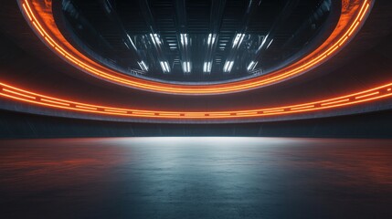 Futuristic, empty, circular arena with neon orange lights and dark gray concrete floor.