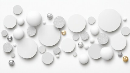 A minimalist layout of white and metallic circles in various sizes, perfect for backgrounds in design projects, packaging, or product displays, Its elegant simplicity enhances any visual concept,