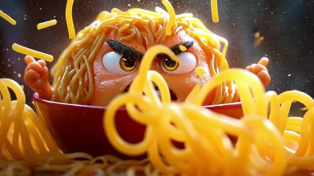 Angry ramen bowl character, steaming hot, close up, comical expression,  food art, possible use in children's book, or food ad