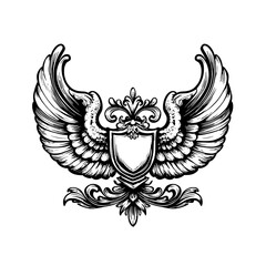 Obraz premium Exquisite engraved illustration featuring intricate wings and a shield design for artistic tattoo and packaging inspiration