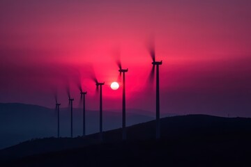 Obraz premium Aerial view of wind turbines silhouetted against a vibrant sunset sky.