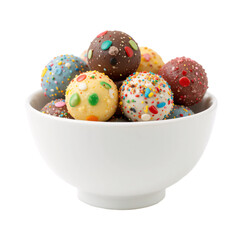 Fototapeta premium White bowl filled with colorful chocolate truffles covered in sprinkles isolated on transparent background