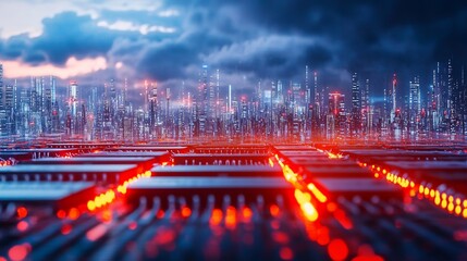 Futuristic cityscape powered by advanced technology, with glowing computer chips forming the ground, beneath a dramatic sky.