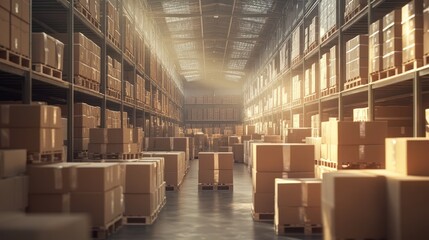 Sunlit warehouse interior with cardboard boxes on pallets and shelves.