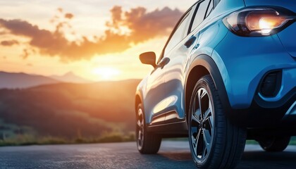 Blue Compact Suv Car With Headlamp Light On, Parked On Concrete Road Near Mountain In Sunlight With Stunning Sky And Clouds