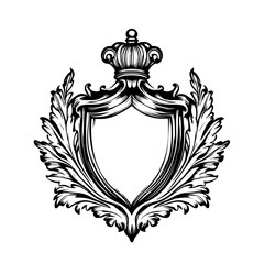 Obraz premium Intricate engraved crest design featuring ornate foliage and a royal crown ideal for tattoo art and elegant packaging applications