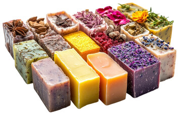 Diverse collection of handmade soaps arranged artistically with natural ingredients and vibrant colors