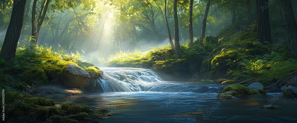 Poster serene forest stream scene, sunlight filtering through trees, creating a mystical atmosphere, showca