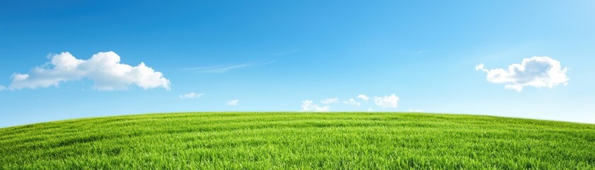 Obraz premium Lush Green Field Under Clear Blue Sky with Soft White Clouds and Brilliant Sunshine