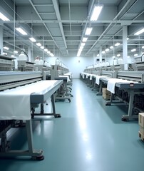 Fototapeta premium Spacious, high-tech manufacturing facility with organized conveyor system, machinery, and efficient workflow
