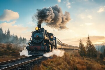 Fototapeta premium Vintage Steam Train Moving Through Lush Countryside Under a Dramatic Sky at Dusk