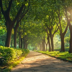 Naklejka premium Peaceful walking path through lush green trees nature park photography sunlit environment serene view tranquility