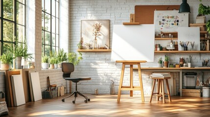Bright sunlit artist studio with blank canvas