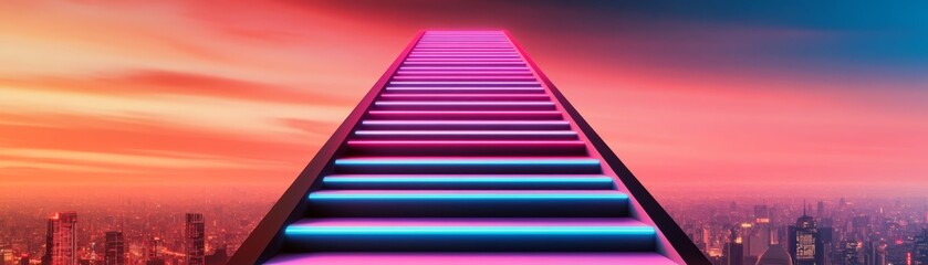 A vibrant staircase illuminated by colorful lights against a breathtaking sunset skyline, symbolizing aspiration and opportunity.