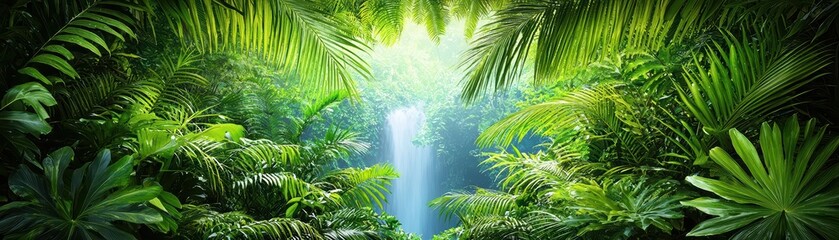 Fototapeta premium Lush Jungle with Majestic Waterfall Surrounded by Tropical Foliage and Vivid Greenery