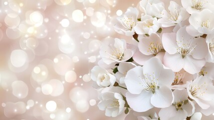 Fototapeta premium Delicate white flowers bloom with a soft, blurred bokeh background creating an ethereal atmosphere, Ideal for spring-themed designs, weddings, or floral arrangements,
