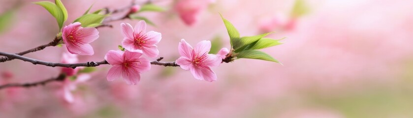 Delicate pink blossoms on a slender branch, with a soft, blurred background creating a serene ambiance, This image is perfect for nature-themed projects, greeting cards, or spring marketing materials