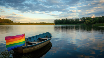 Tranquil Lakeside View of an LGBTQI Flag on a Small Boat, Symbolizing Peaceful Journeys and Freedom of Expression