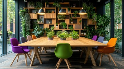 Modern meeting room with plants, large wooden table, colorful chairs, and city view